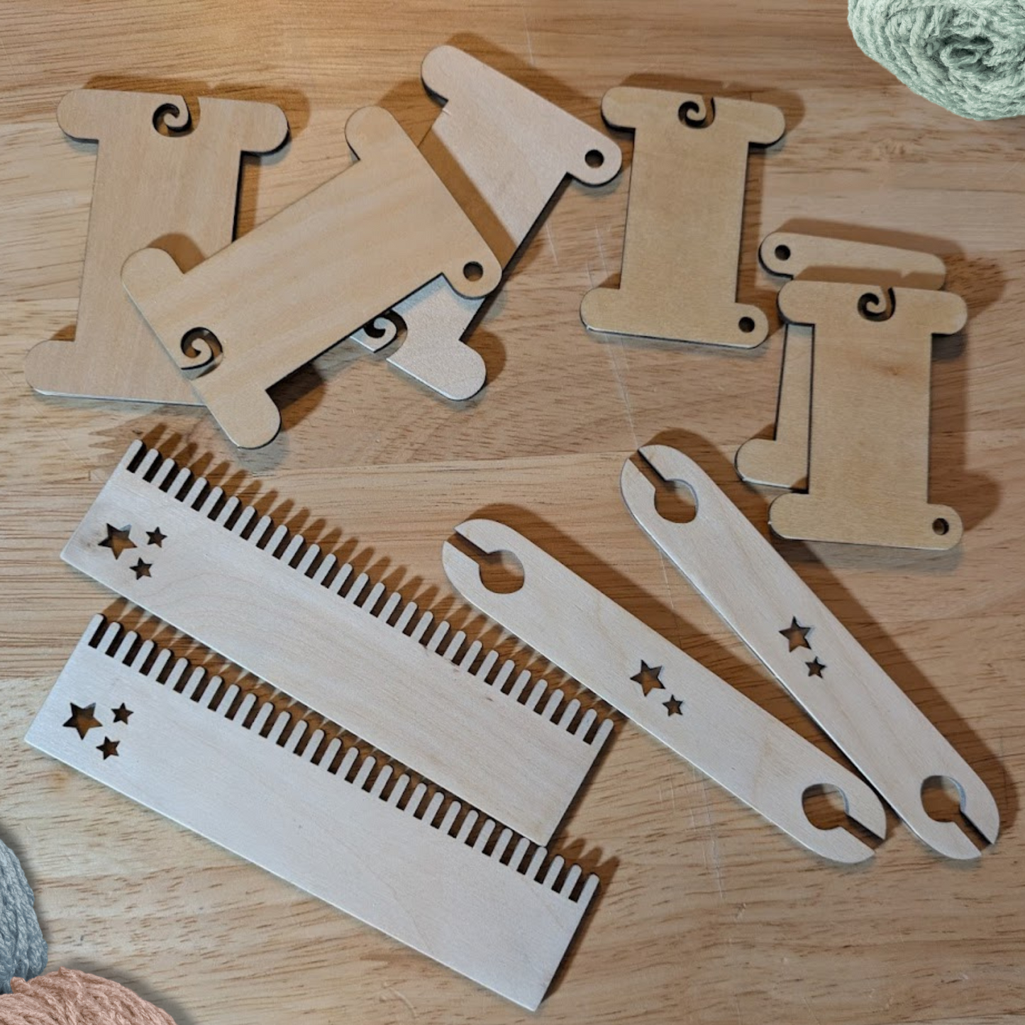 A photograph of some of the wooden weaving supplies we make.