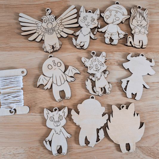 Mythical chibis DIY ornaments. Top left to bottom right thunderbird, coyote, troll, kelpie, cthulhu, dajoji, nekomata. Minotaur, spinx and kitsune are showing the blank backs. DIY Myths, Legends and Monster Chibi Set: Coyote, Cthulhu, Da - jo - ji, Kelpie, Kitsune, Minotaur, Nekomata, Spinx, Thunderbird and Troll Art & Craft Kits Raven King Crafts DIY Myths, Legends and Monster Chibi Set: Coyote, Cthulhu, Da-jo-ji, Kelpie, Kitsune, Minotaur, Nekomata, Spinx, Thunderbird and Troll Art & Craft Kit