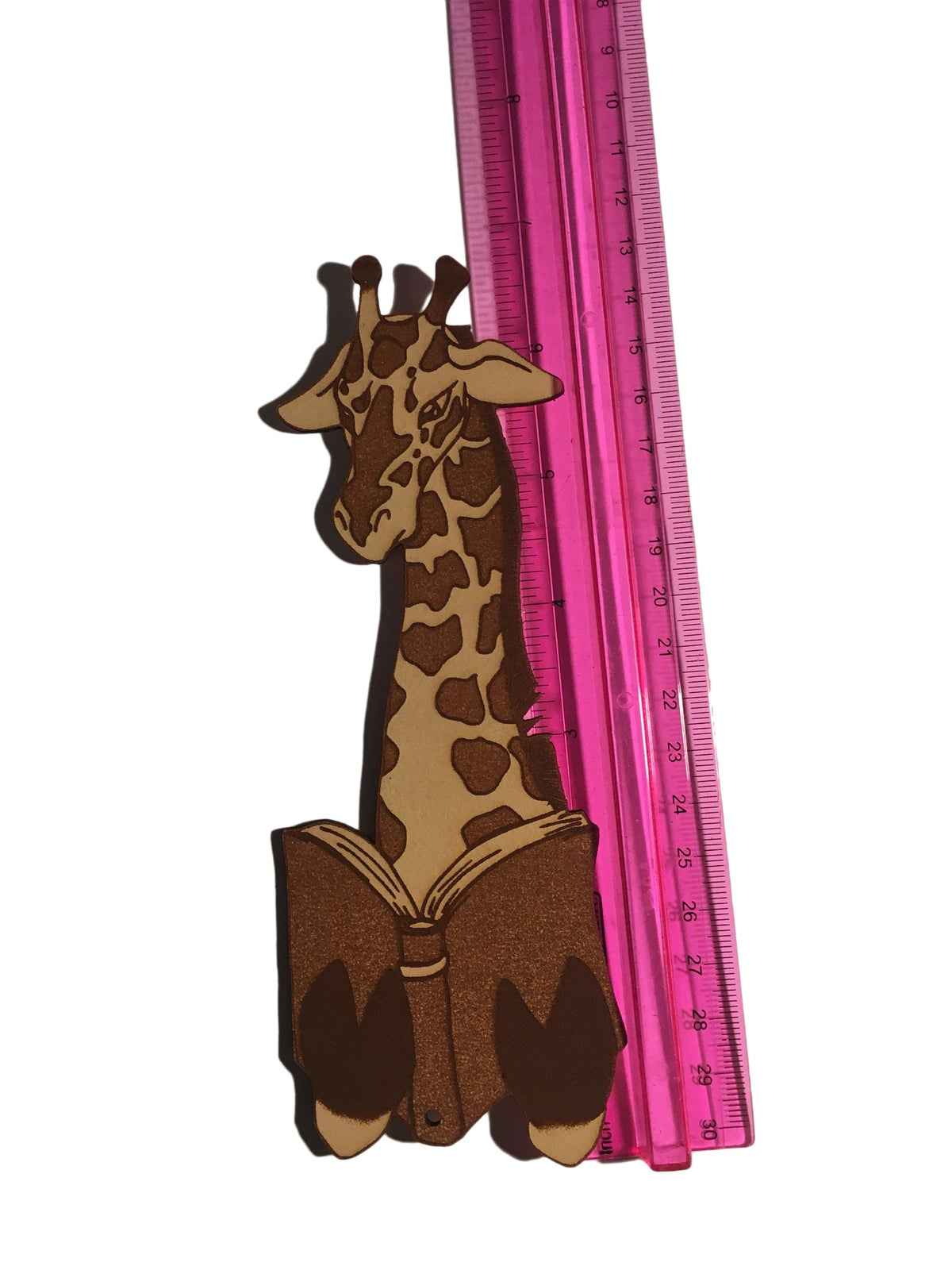 A leather bookmark shaped like a giraffee reading a book. Great Book lover gift.
