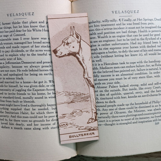A rectangular leather bookmark with the historical art of a bull terrier dog engraved on it. The bookmark is resting on the pages of an open book. Leather Bull Terrier Dog Bookmark Bookmarks Raven King Crafts