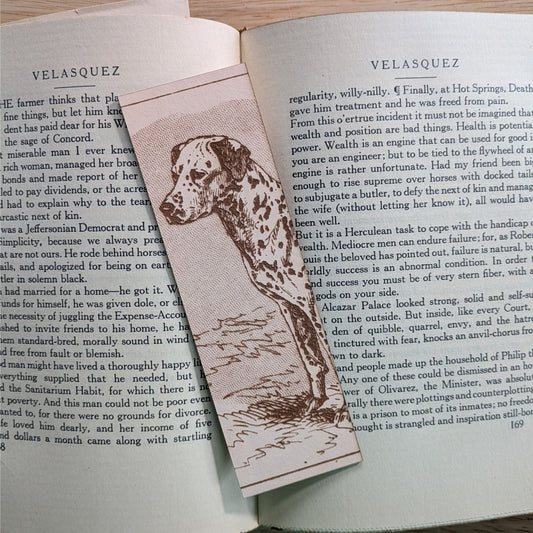 A rectangular leather bookmark with the historical art of a Dalmatian dog engraved on it. The bookmark is resting on the pages of an open book. Leather Dalmation Dog Bookmarks Bookmarks Raven King Crafts