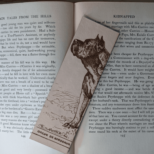 A rectangular leather bookmark with the historical art of a French Mastiff dog engraved on it. The bookmark is resting on the pages of an open book. Leather Dogue De Bordeaux Bookmark Bookmarks Raven King Crafts Leather Dogue De Bordeaux Bookmark Bookmarks Raven King Crafts