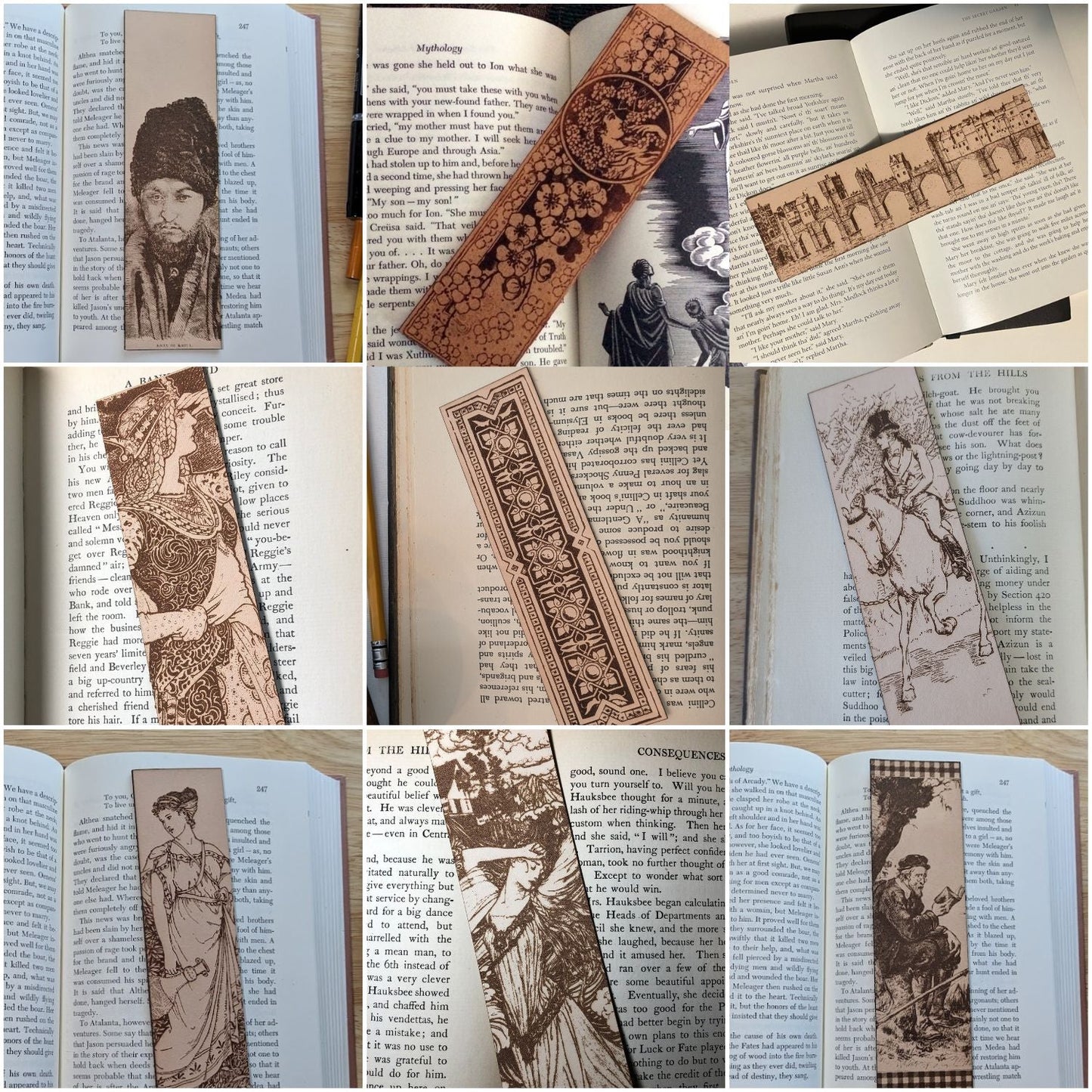 A collage of some of our different historical leather bookmarks. Leather Engraved Skull Bookmark Bookmarks Raven King Crafts