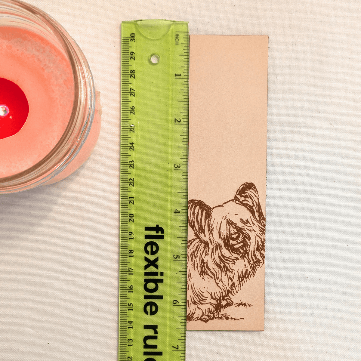 The Scottish terrier bookmark next to a ruler for scale. Leather Skye Terrier Bookmark (toy dog) Bookmarks Raven King Crafts Leather Skye Terrier Bookmark (toy dog) - Pick one or get both! Bookmarks Raven King Crafts