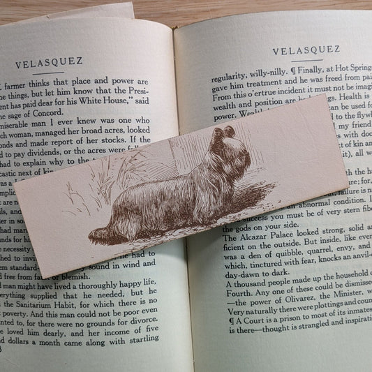 A rectangular leather bookmark with the historical art of a Skye terrier dog engraved on it. The bookmark is resting on the pages of an open book. Leather Skye Terrier Bookmark (toy dog) - Pick one or get both! Bookmarks Raven King Crafts