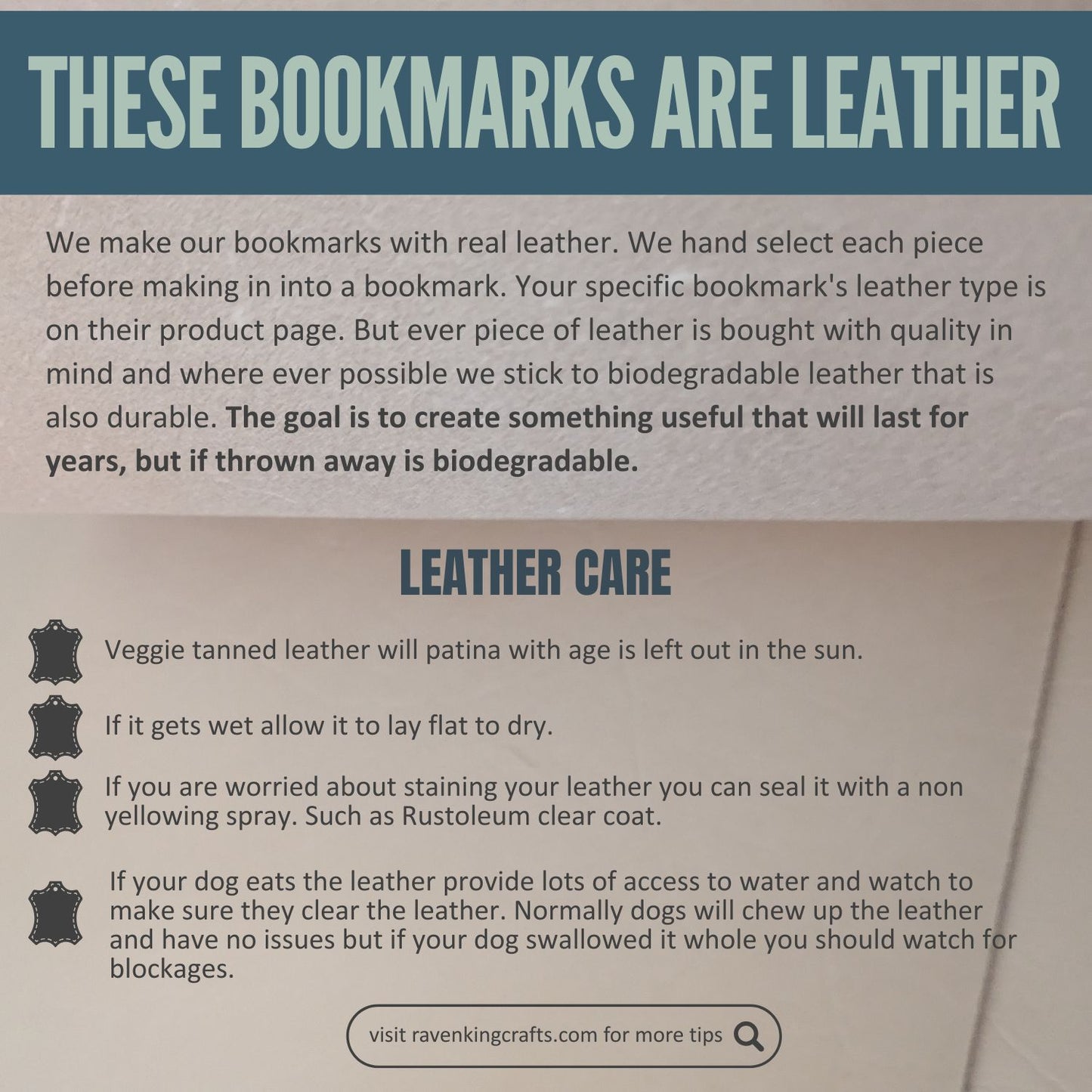 Infographic of leather care for leather bookmarks.