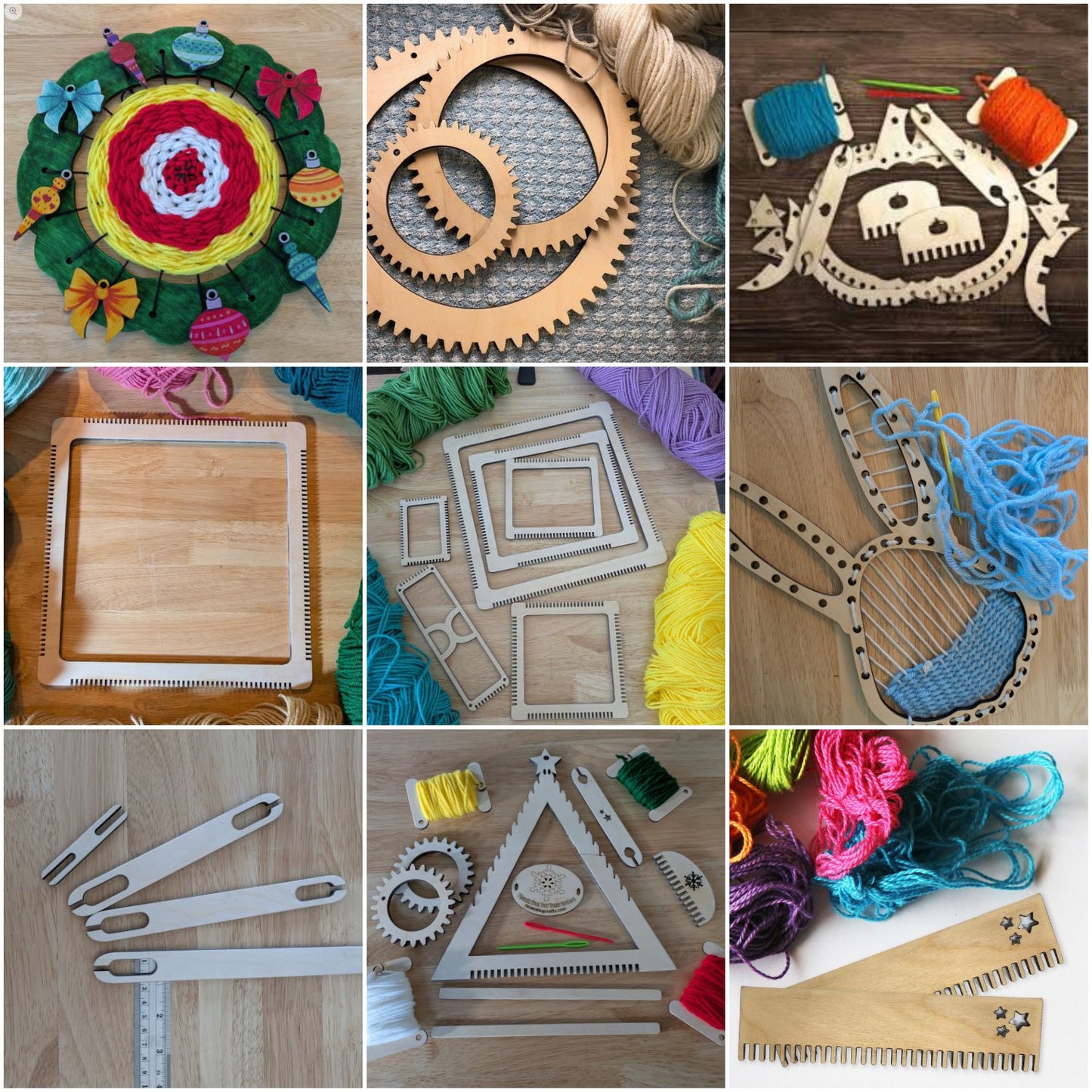A collage of our different wooden looms and weaving accessories.