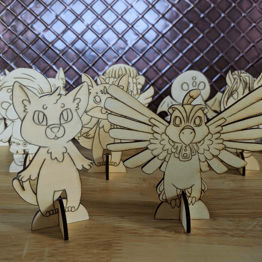 Some of the wooden mythos chibi figures. Nekomata - Sticker, Ornament Blank & Standing Figure Set Art & Craft Kits Raven King Crafts