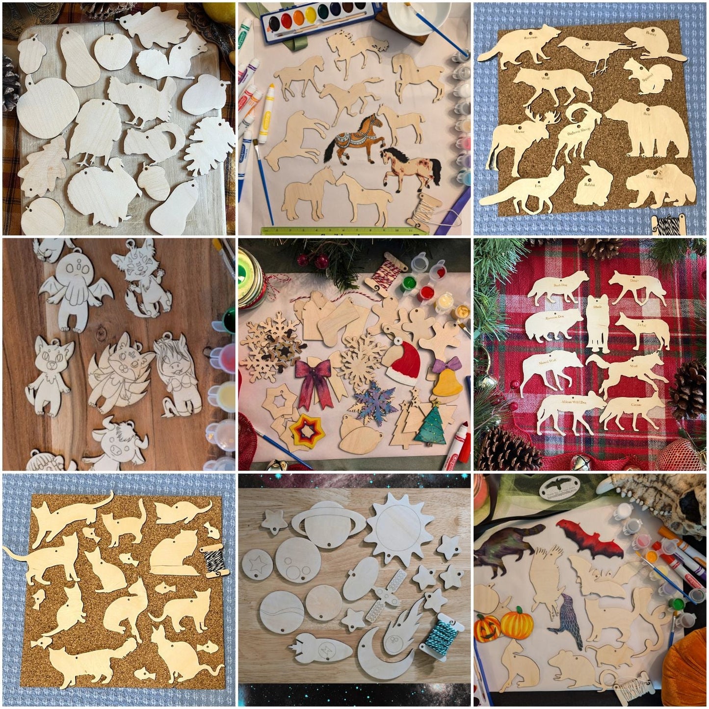 A collage of some of our ornament kits. Santa and his reindeer ornament or garland blanks - 9 Deer, wooden Art & Craft Kits Raven King Crafts
