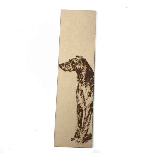 A leather bookmark with the antique art of a Scottish Deerhound dog engraved on it.