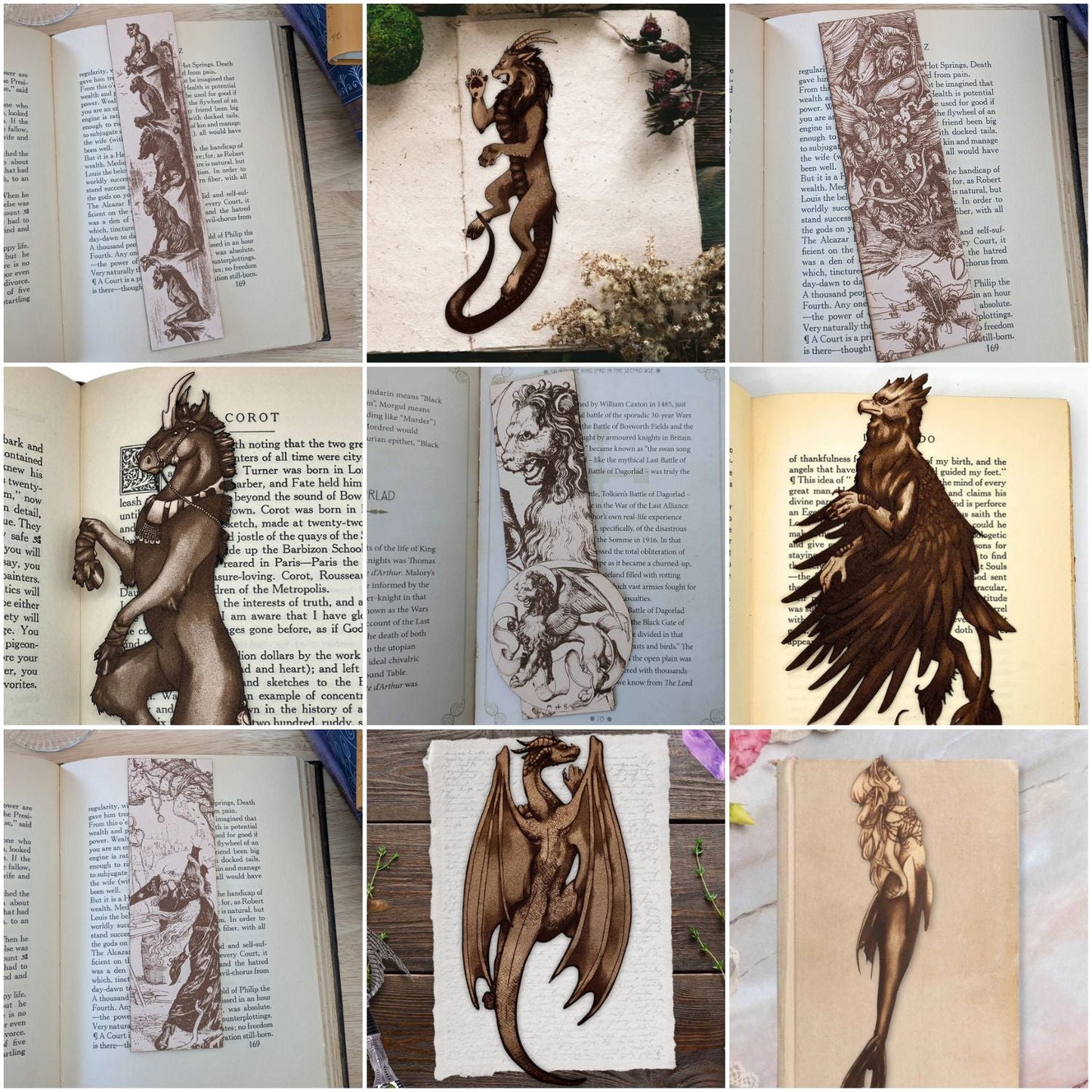 Collage of different mythical beast bookmarks made by Raven King Crafts. Winged Lion Leather Bookmark - Lion of Saint Mark Bookmarks Raven King Crafts