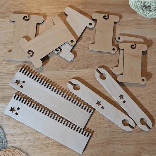 A photograph of some of the wooden weaving supplies we make. Wooden Bobbins / Spools - 3 Packs Art & Crafting Materials Raven King Crafts