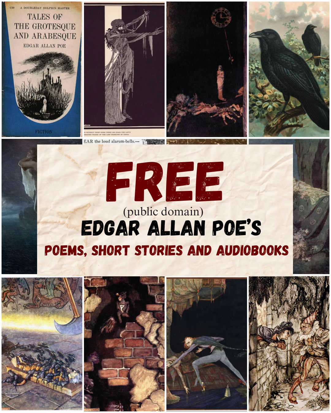 Collage of free - public domain- Edgar Allan Poe poems, short stories and books