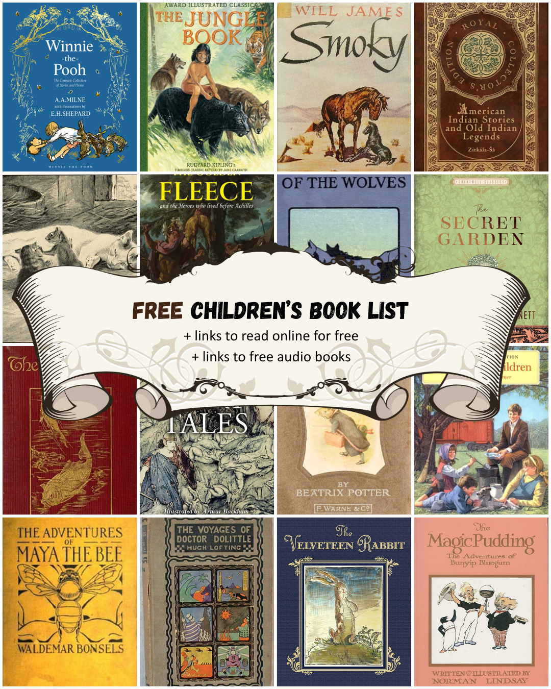 A collage of public domain children's books that are on the page mentioned for free.