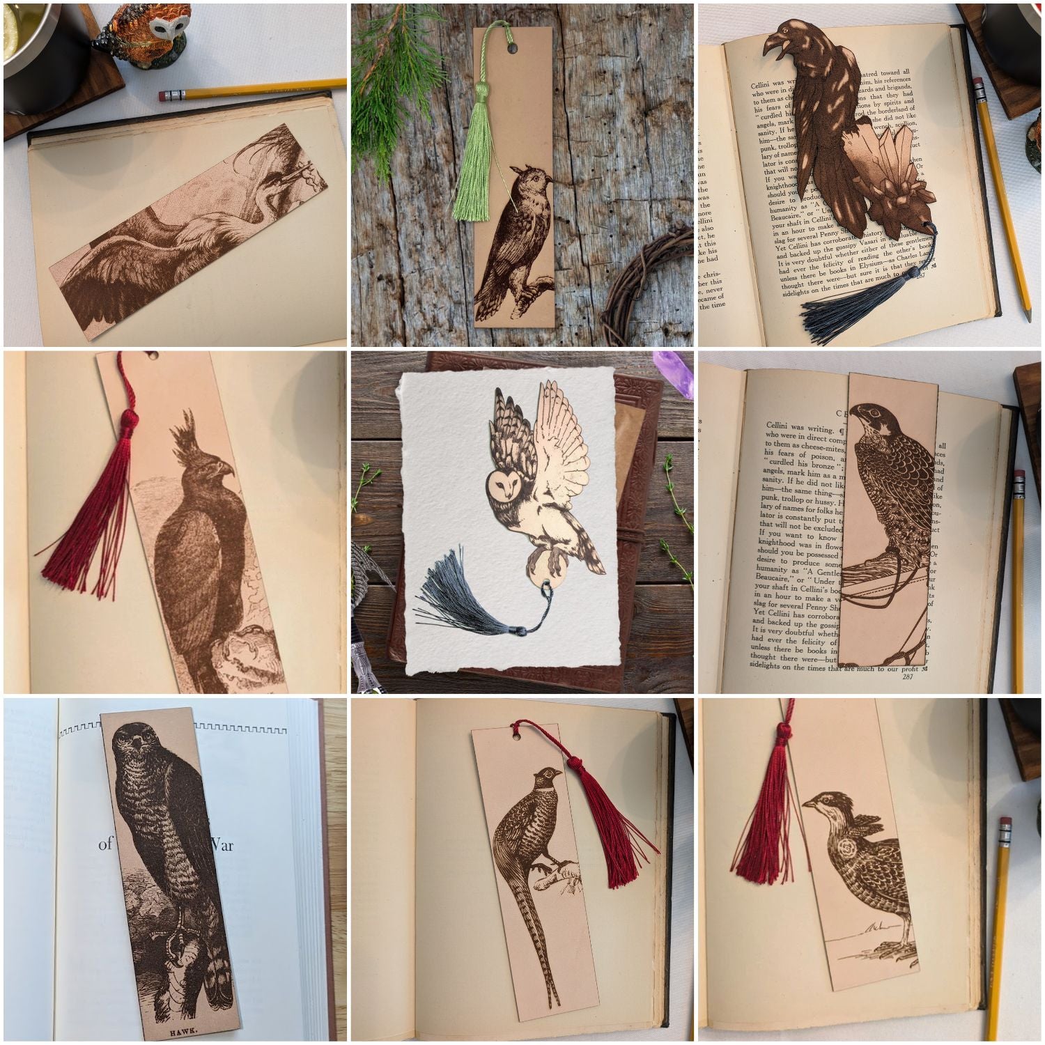 A collage of our bird themed leather bookmarks.