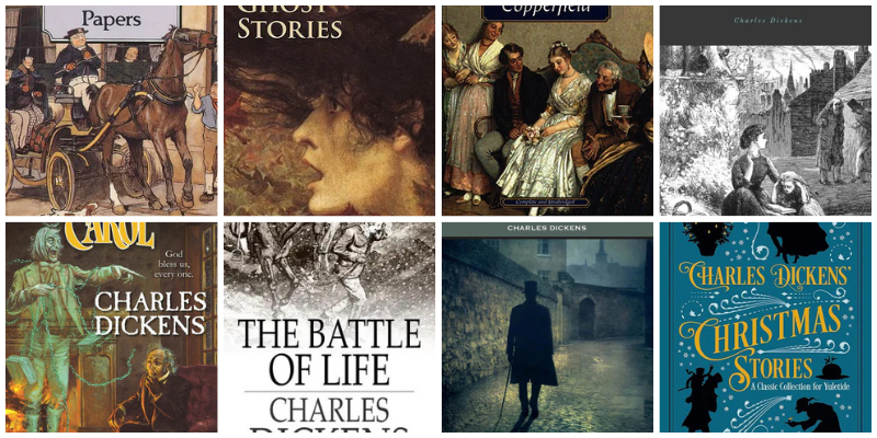 Free Charles Dickens' Books and Audio books, collage of some of the free books listed.