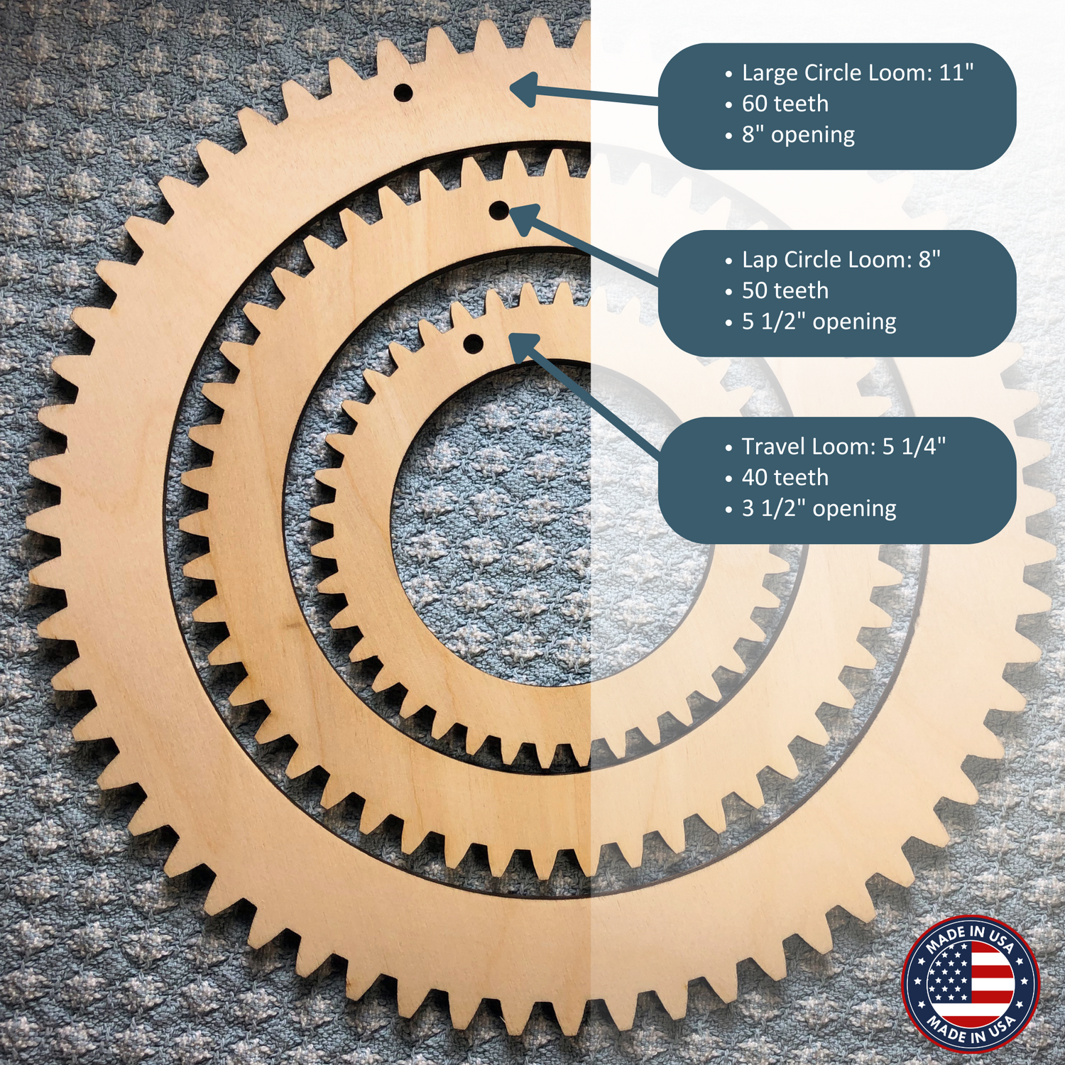 Photograph of the 3 circle looms and their technical information. Also has a made in the USA badge. 