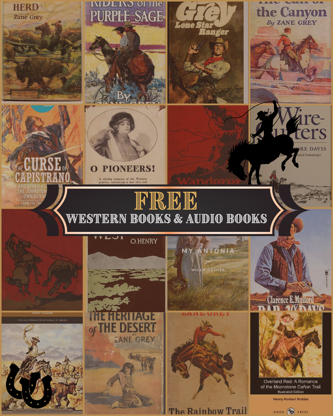 Banner says Free Western Books and Audio Books and in the background are covers of different books.