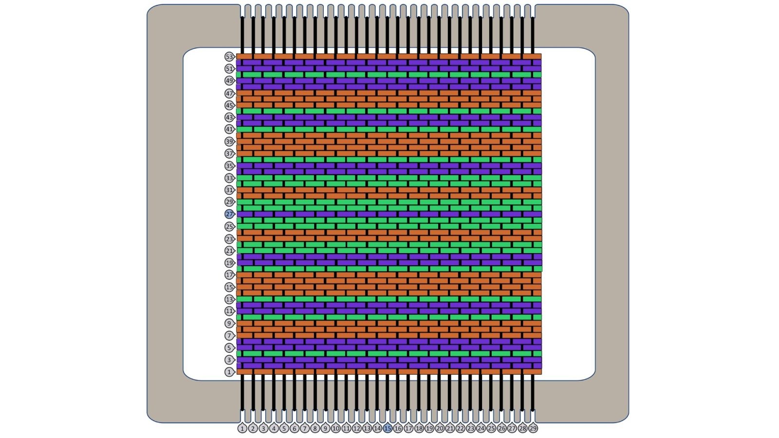 A tricolor weaving lap loom pattern. This design is simple horizontal lines designed for beginner weavers. Image is preview of the PDF.