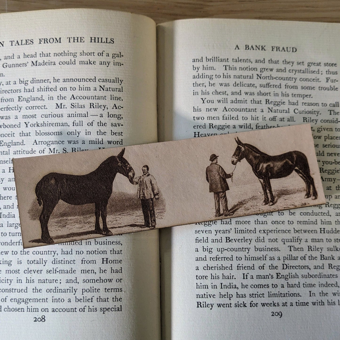 A leather bookmark with the art of mules engraved on it. 