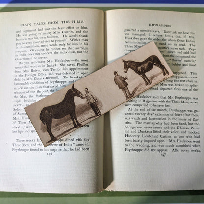 A leather bookmark with the art of mules engraved on it. 