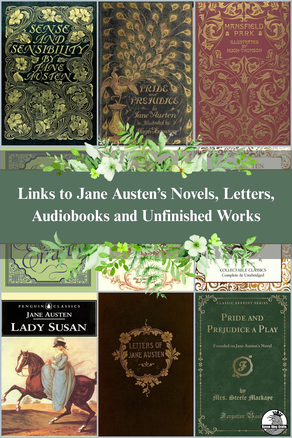 Free Jane Austen books, letters and audiobooks banner with different book covers on it