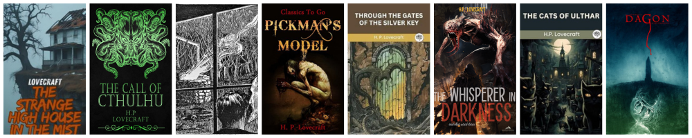 A collage of some of the free H.P. Lovecraft books and short stories we link to.