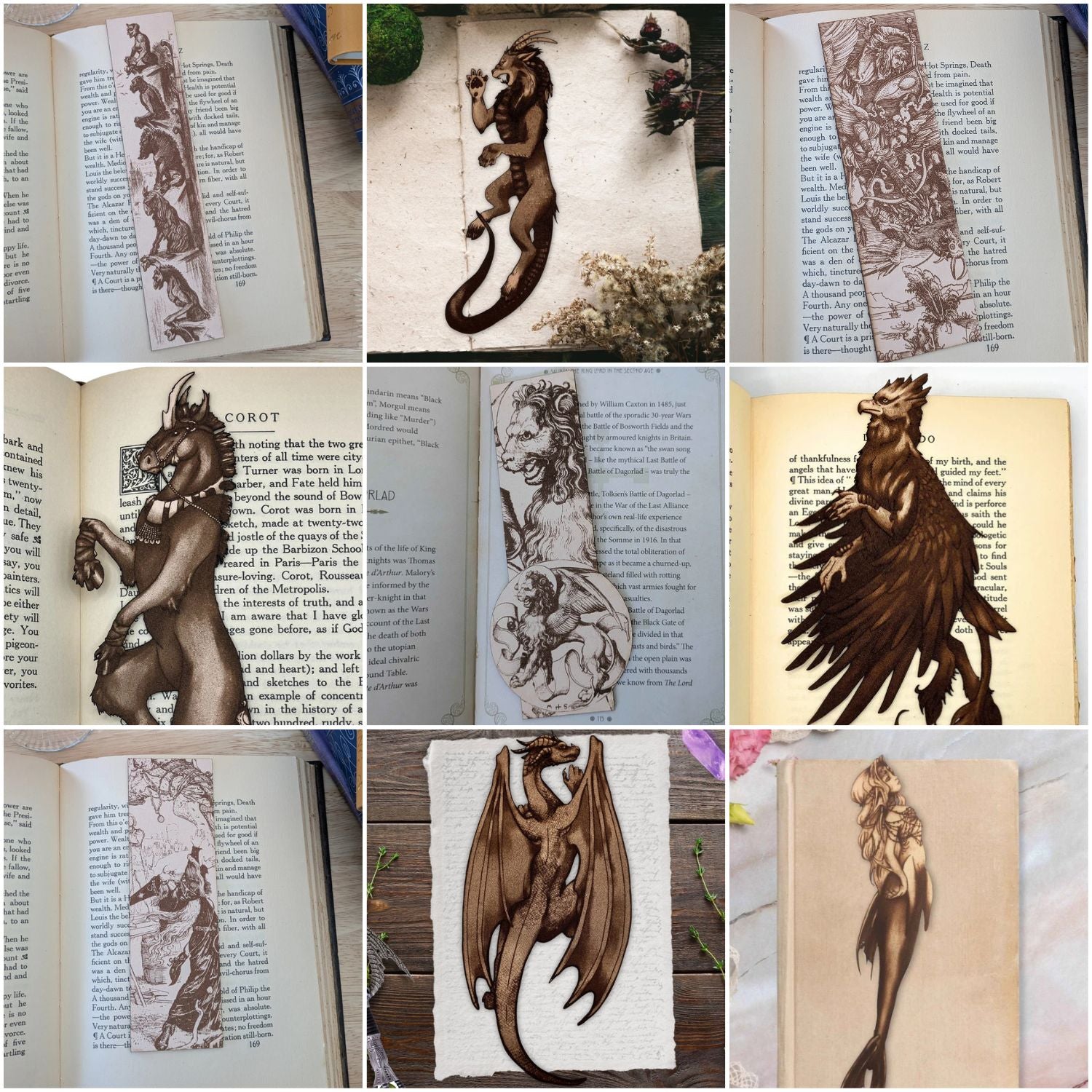 Collage of different mythical beast bookmarks made by Raven King Crafts.
