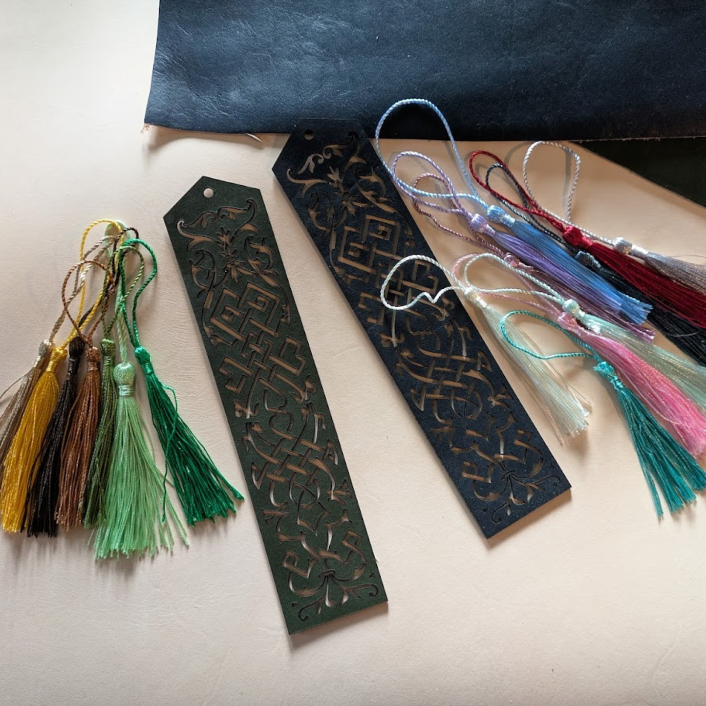 Elvish Style Leather Bookmarks - Pick your color and your tassel