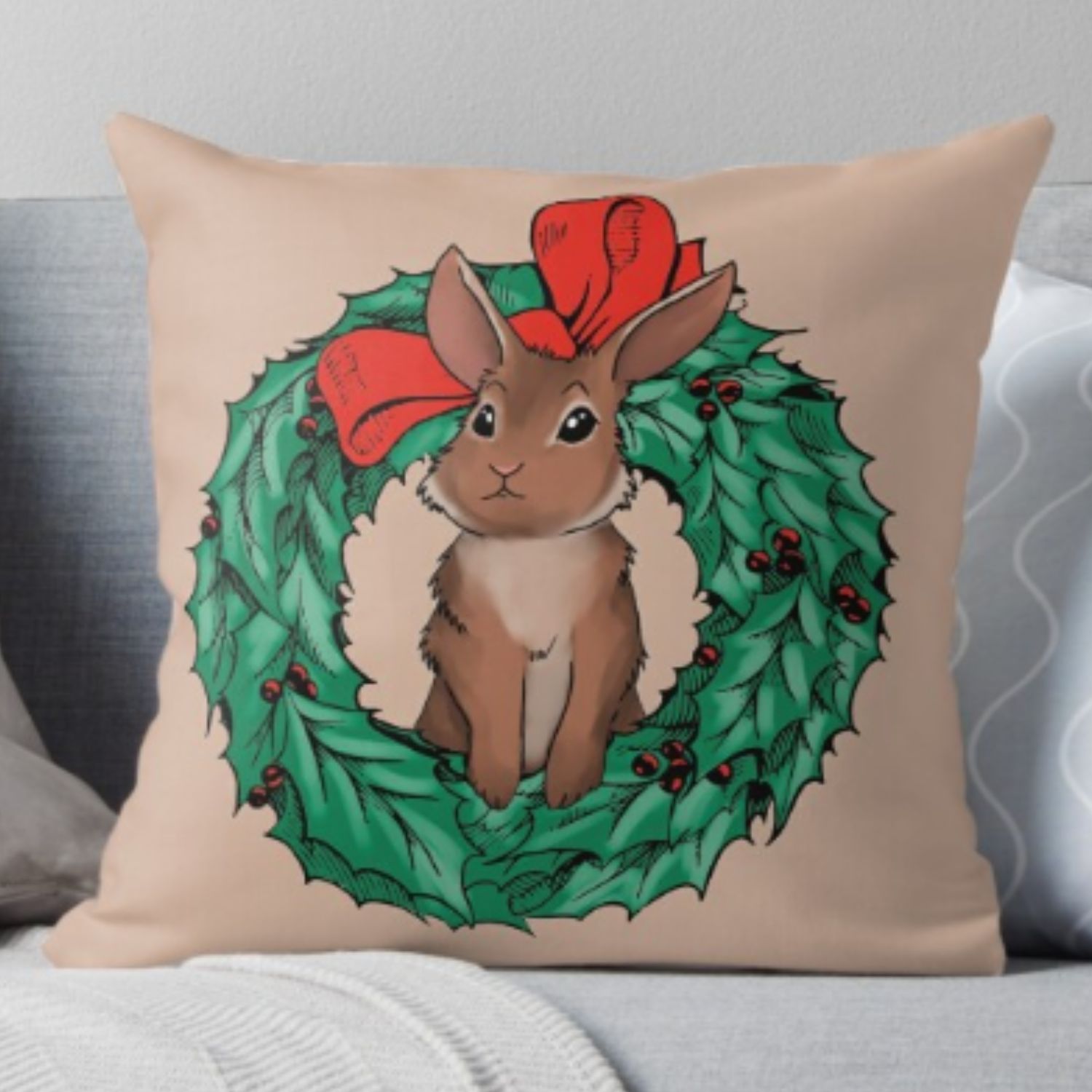 A picture of a rabbit pillow you can get through our RedBubble page. 