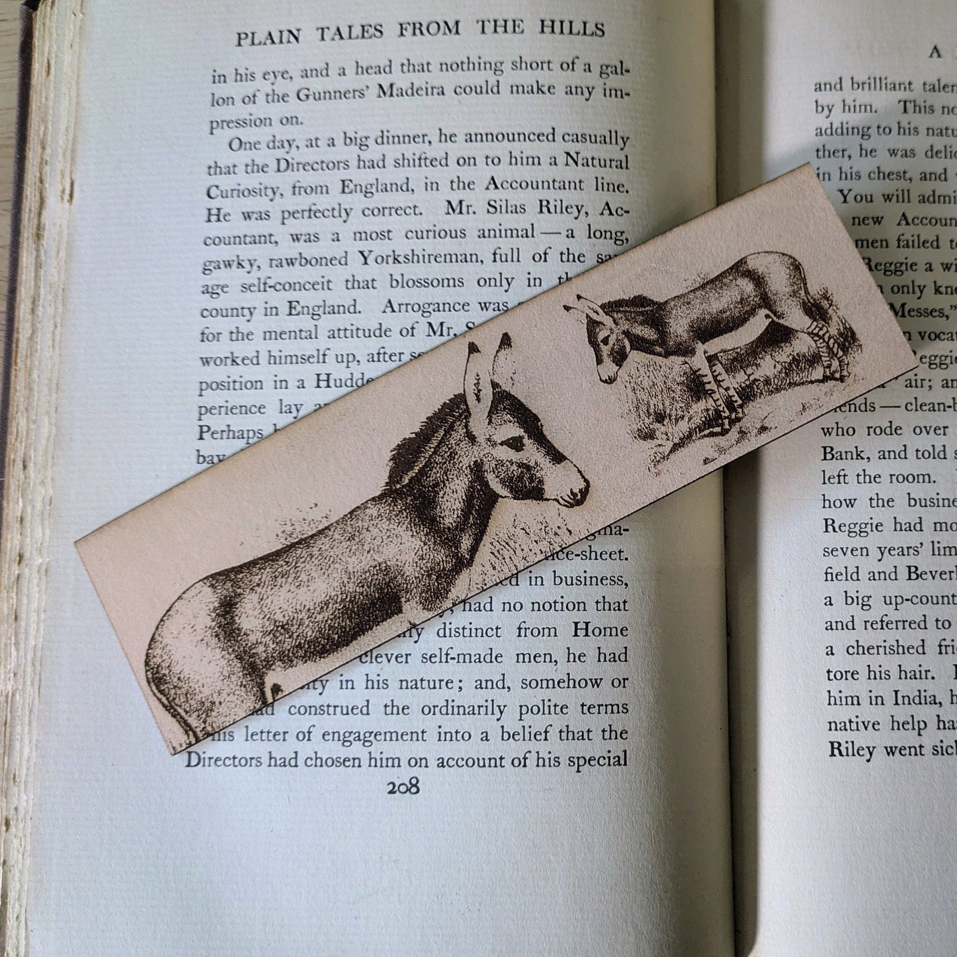 The leather bookmark with the art of a wild donkey engraved on it resting on the pages of an open book. 