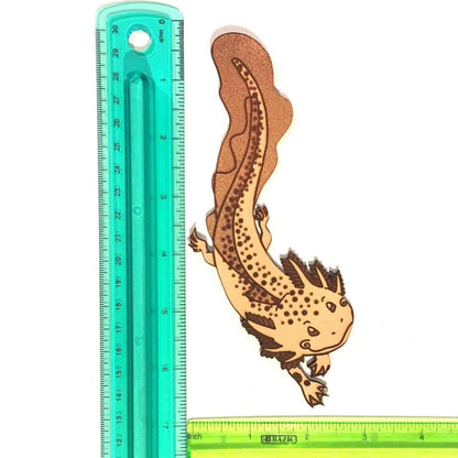 Axolotl Salamander Bookmark next to a ruler for scale. Adorable Axolotl Salamander Leather Bookmark Bookmarks Raven King Crafts