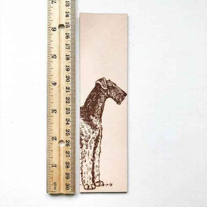 Airedale Terrier Bookmark next to a ruler for scale. Airedale Terrier Leather Bookmark - Dog Collection Bookmarks Raven King Crafts