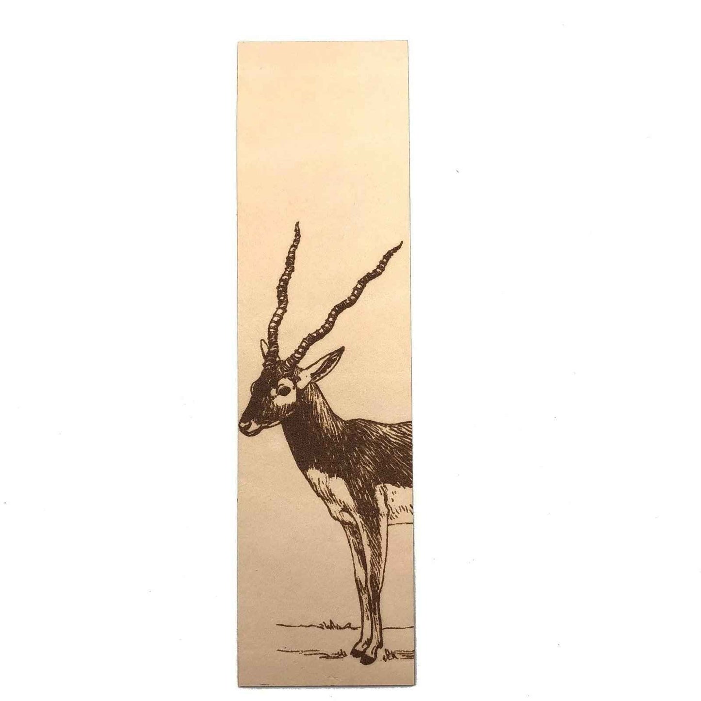 A leather bookmark engraved with the art of a blackbuck antelope. Blackbuck Bookmark Bookmarks Raven King Crafts