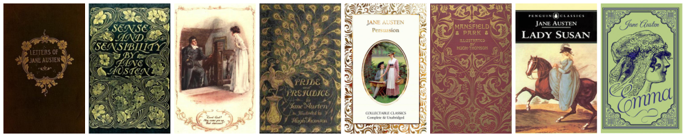 Free Jane Austen books, letters and audiobooks banner with different book covers on it