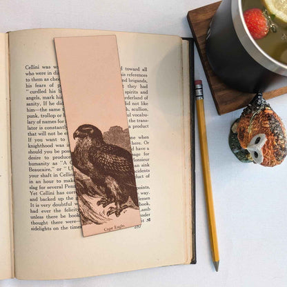 A leather bookmark engraved with the historical art of a cape eagle on it. Cape Eagle Bookmark - Leather Bookmarks Raven King Crafts