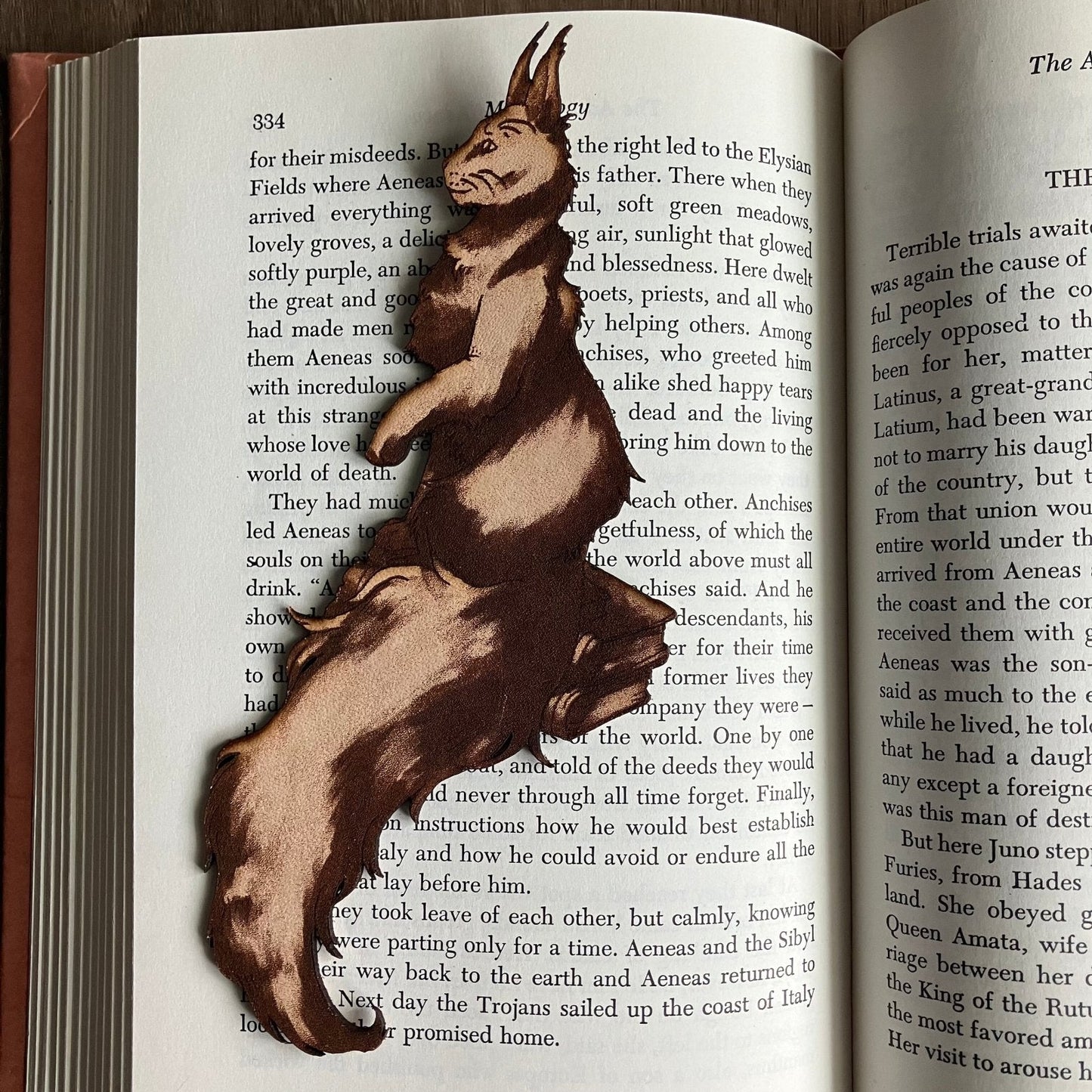 A photograph of the leather bookmark of a cat. The cat shaped bookmark is sitting on the pages of an open book.