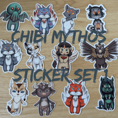 Chibi Mythos Sticker Set 1, features mythos chibis Cthulhu, kitsune, inugami, church grimm, Nekomata, spinx, Thunderbird, coyote the trickster, minotaur and Kelpie Chibi Mythos Sticker Set 1 stickers Raven King Crafts Chibi Mythos Sticker Set 1 stickers Raven King Crafts
