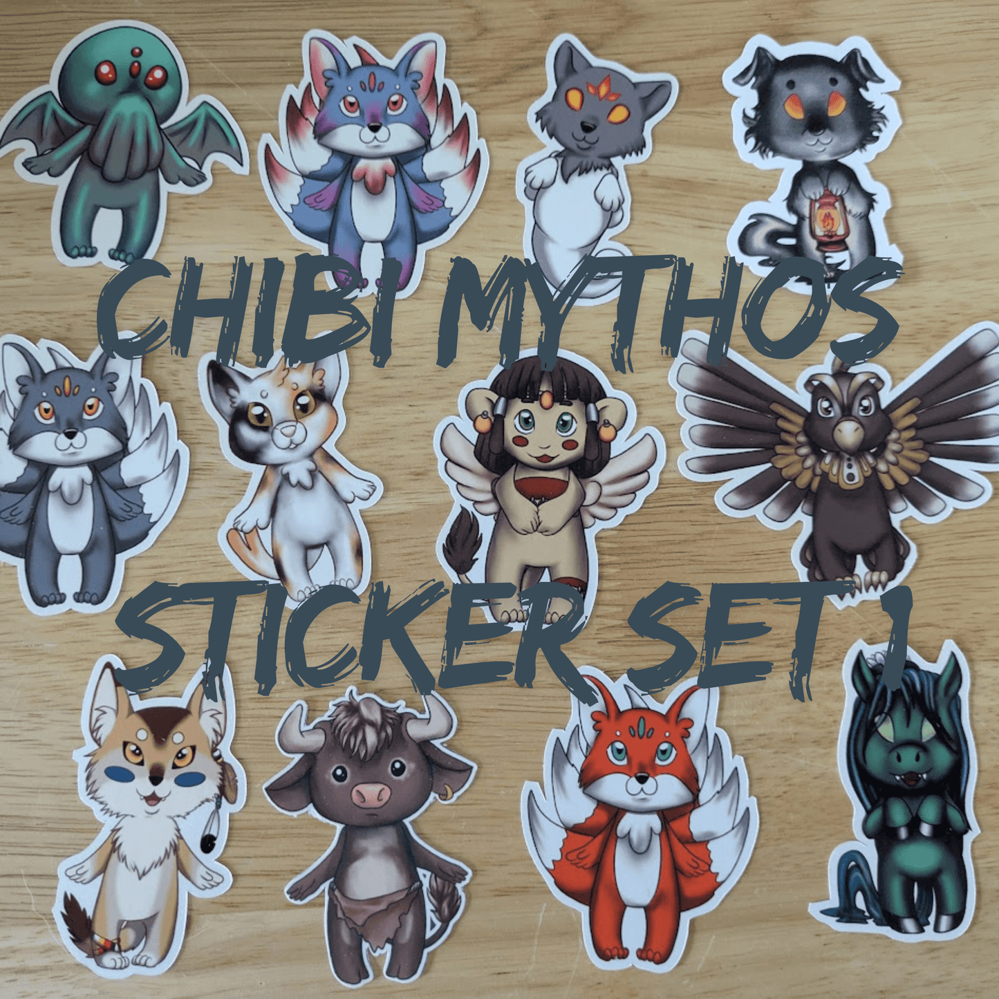 Chibi Mythos Sticker Set 1, features mythos chibis Cthulhu, kitsune, inugami, church grimm, Nekomata, spinx, Thunderbird, coyote the trickster, minotaur and Kelpie Chibi Mythos Sticker Set 1 stickers Raven King Crafts