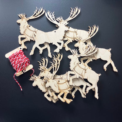 8 wooden reindeer ornaments and string. Each ornament is 1 sided. Christmas Reindeer Shaped Wooden Ornaments Art & Craft Kits Raven King Crafts