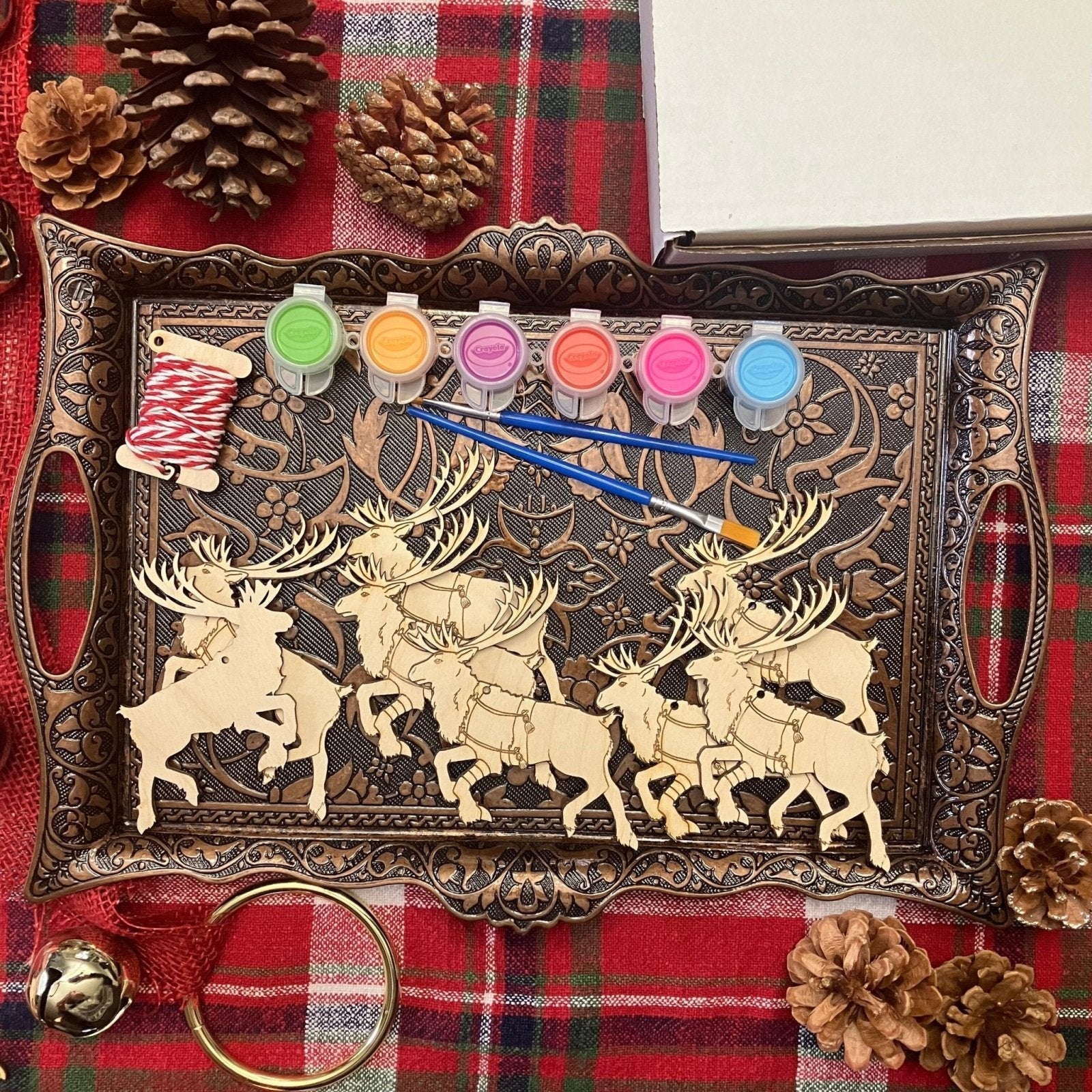 Wooden diy Reindeer ornament kit, 8 reindeer ornaments, paints, brushes and string. Christmas Reindeer Shaped Wooden Ornaments Art & Craft Kits Raven King Crafts