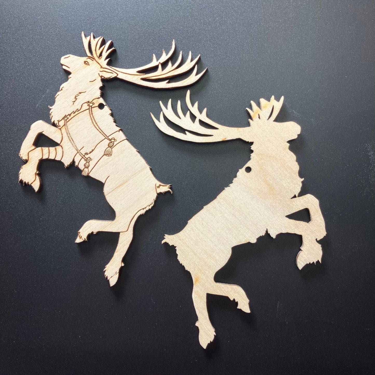 2 reindeer ornaments, only one side is finished. Christmas Reindeer Shaped Wooden Ornaments Art & Craft Kits Raven King Crafts