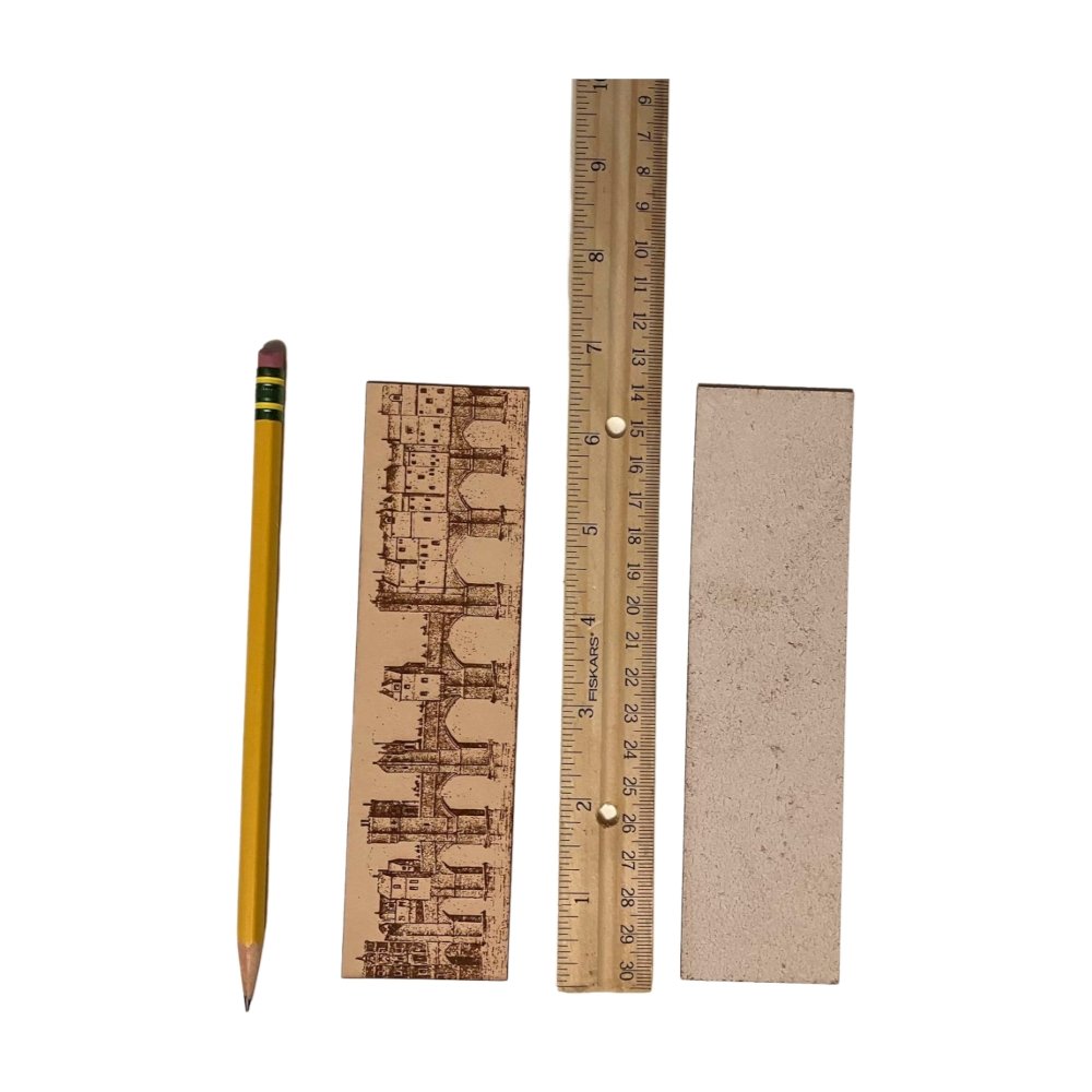 A photograph of the front of the leather bookmark and the back. The bookmarks are next to a ruler and a pencil for scale. Back photo shows the bookmark back is unfinished. City Bridge Historical Bookmark - Leather Bookmarks Raven King Crafts