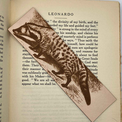 A leather bookmark engraved with the antique art of a civet on it. Civet Bookmark - Leather Bookmarks Raven King Crafts