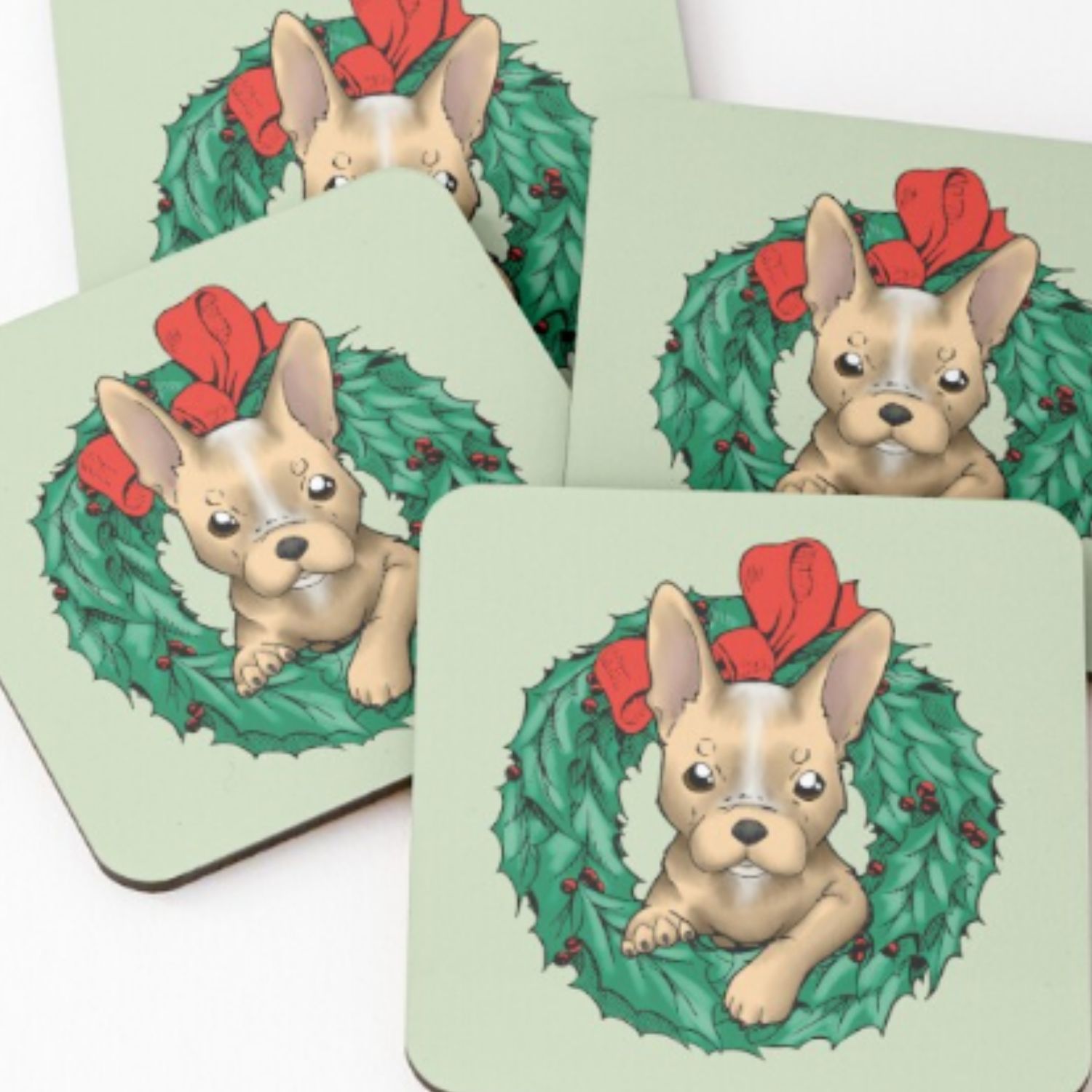 French bulldog puppy in a Christmas Wreath coaster. 