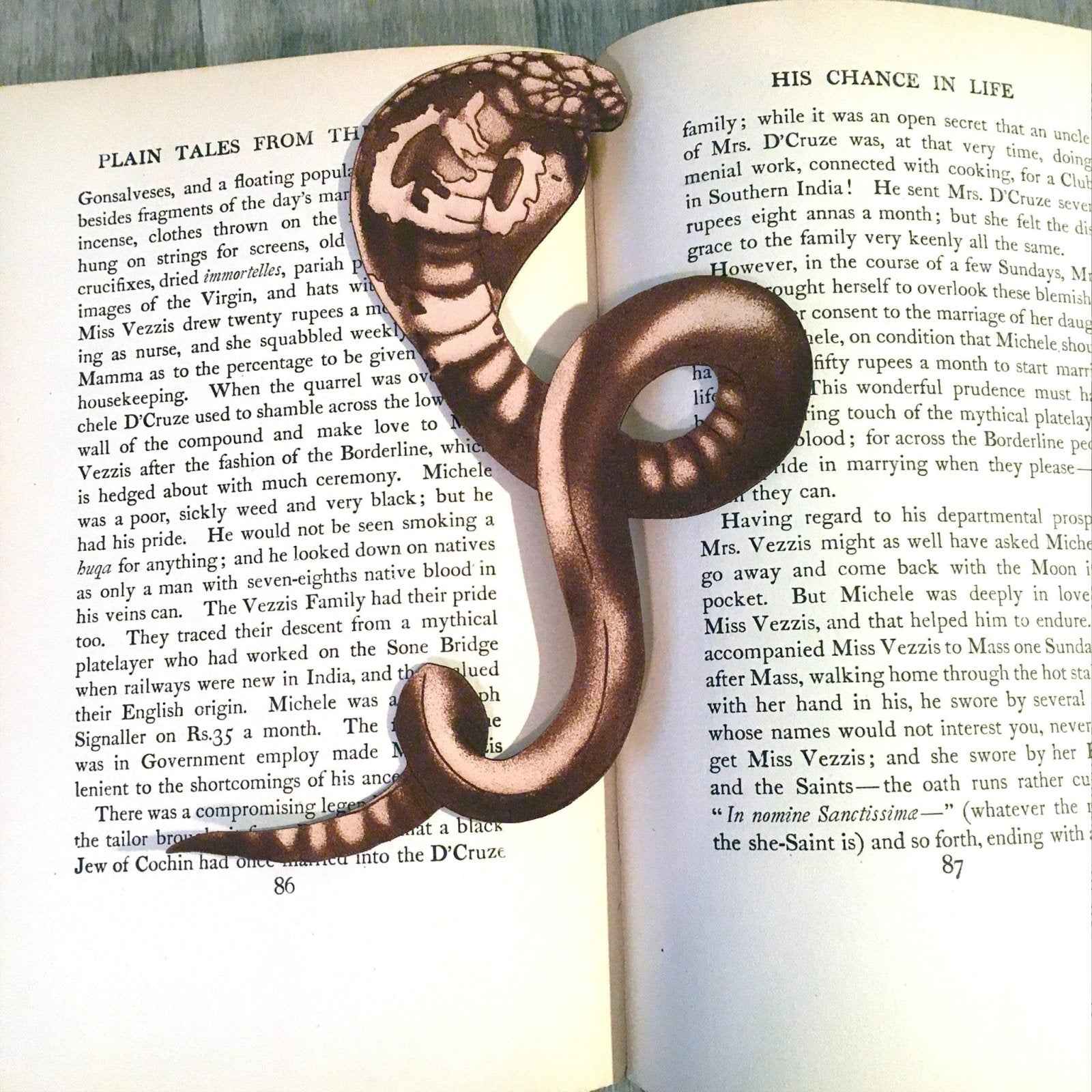 A leather bookmark shaped like a cobra snake. Cobra Bookmark - King Cobra Leather Snake Bookmark Bookmarks Raven King Crafts