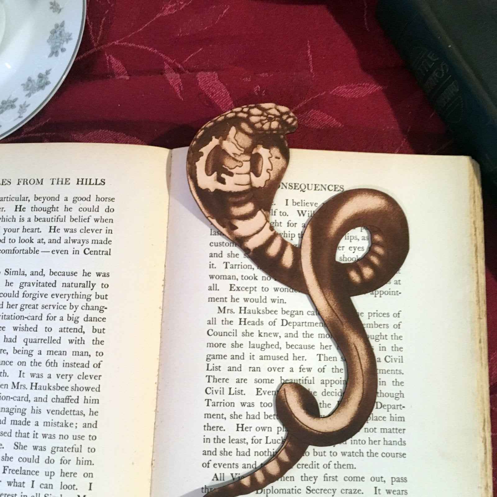 A leather bookmark shaped like a cobra snake. Cobra Bookmark - King Cobra Leather Snake Bookmark Bookmarks Raven King Crafts