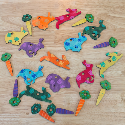 Examples of the Easter ornaments colored including rabbits and carrots.