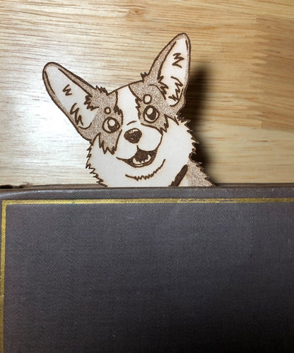 The corgi's head sticking out of a book.