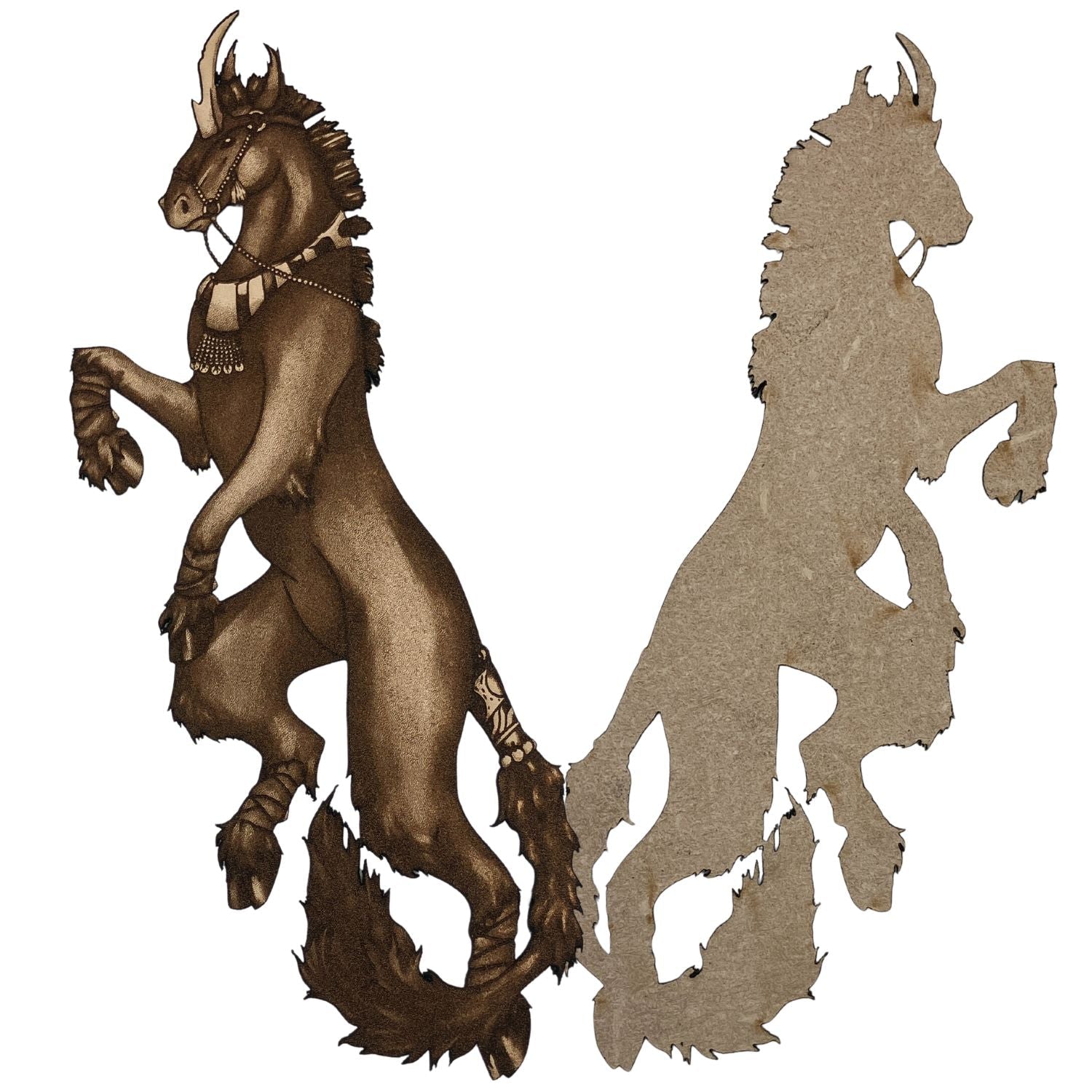On the left is the front of the leather unicorn bookmark. It shows the engraved details of the unicorn illustration. On the right is the back of the leather bookmark and the grain of the leather is visible. Dark Unicorn Bookmark - Leather Bookmarks Raven King Crafts